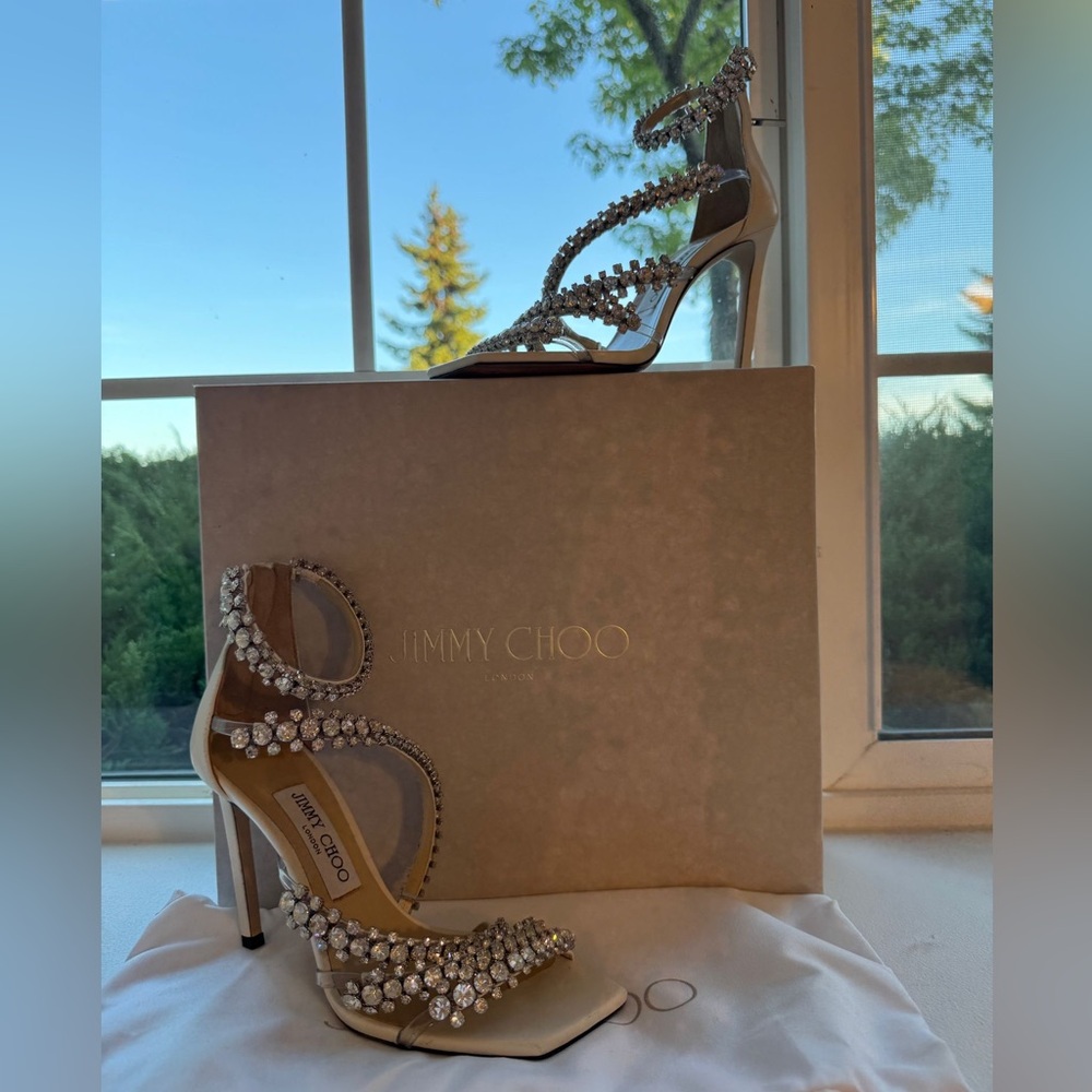 Jimmy Choo Crystal-Embellished Silver Heels